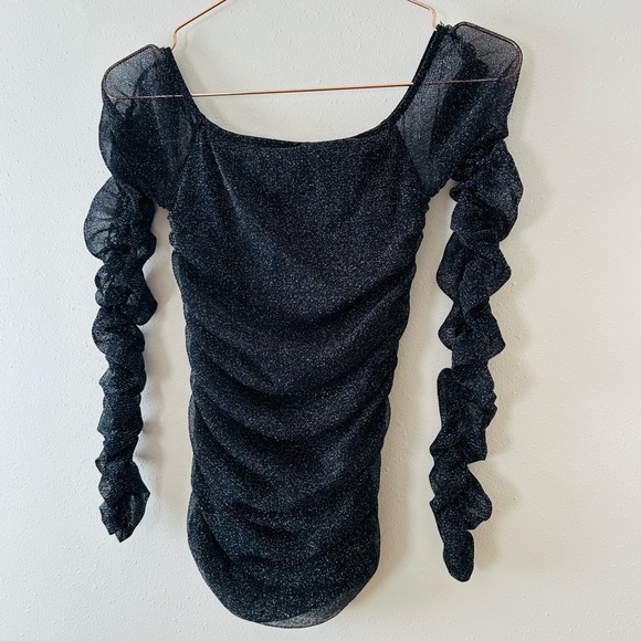 Forever 21 black silver long sleeve off-the-shoulder ruched mesh blouse top - Picture 6 of 7